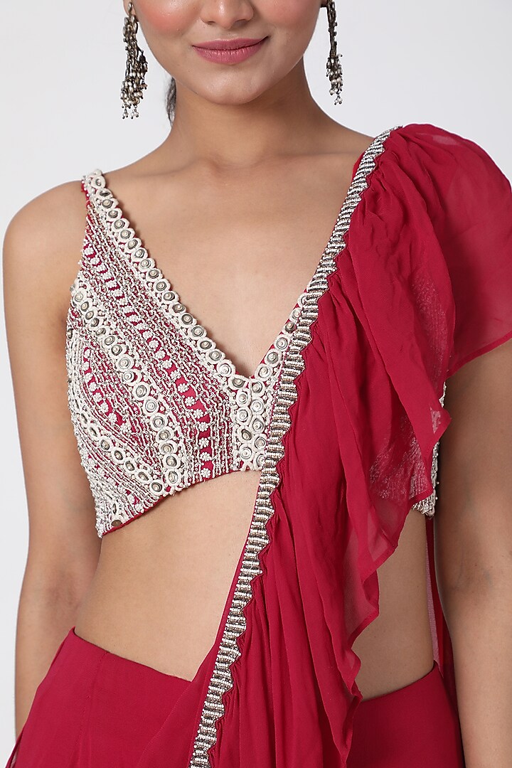 Fuchsia Frilled Pre-Stitched Wedding Saree Set by Ridhima Bhasin at Pernia's Pop Up Shop
