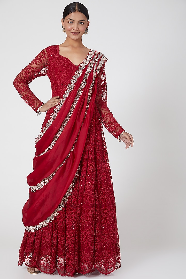 Red Embroidered Anarkali Set by Ridhima Bhasin