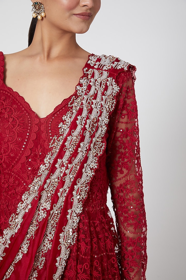 Red Embroidered Wedding Anarkali Set by Ridhima Bhasin at Pernia's Pop Up Shop