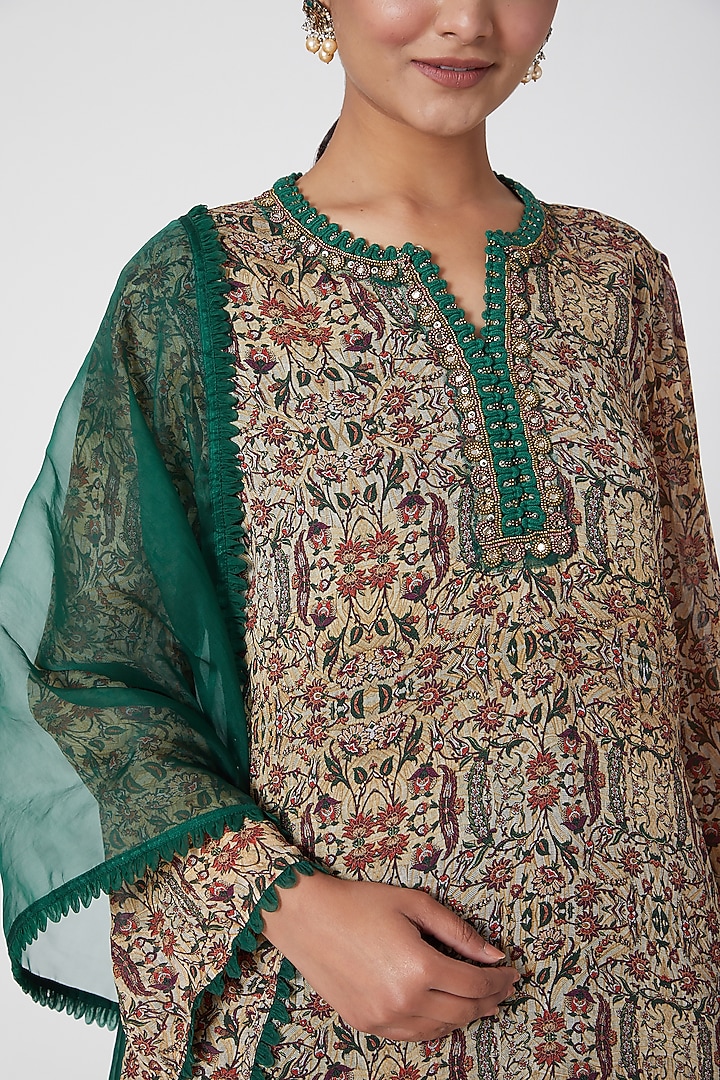 Green & Beige Embroidered Kurta Set by Ridhima Bhasin at Pernia's Pop Up Shop