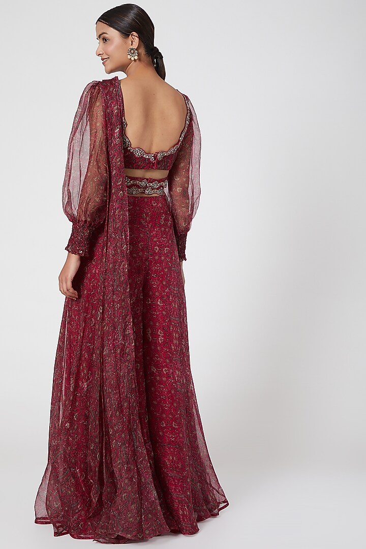 Red Embroidered Pre-Draped Sharara Wedding Saree Set by Ridhima Bhasin at Pernia's Pop Up Shop