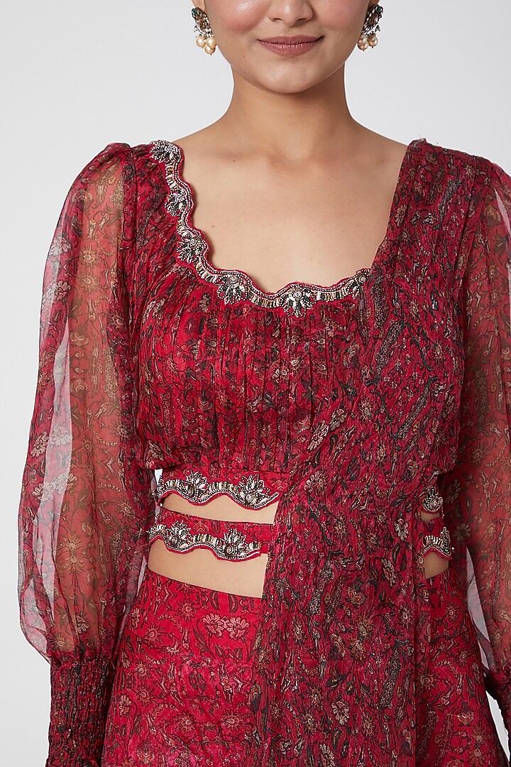 Red Embroidered Pre-Draped Sharara Wedding Saree Set by Ridhima Bhasin at Pernia's Pop Up Shop