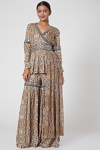 Green & Beige Embroidered Pant Set by Ridhima Bhasin