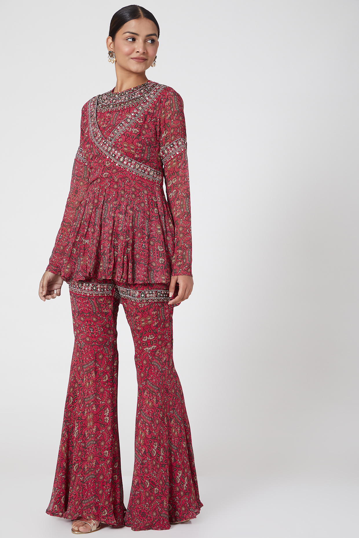 Fuchsia Georgette Floral Printed Gharara Set by Ridhima Bhasin at Pernia's Pop Up Shop