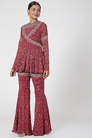 Fuchsia Georgette Floral Printed Gharara Set by Ridhima Bhasin