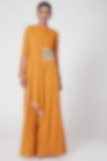 Mustard Embroidered Draped Jumpsuit by Ridhima Bhasin