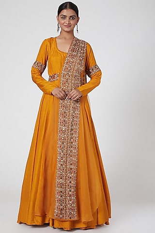 Mustard Embroidered Anarkali Set by Ridhima Bhasin