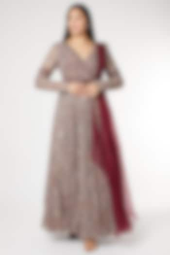 Beige & Maroon Embroidered Anarkali Set by Ridhima Bhasin at Pernia's Pop Up Shop