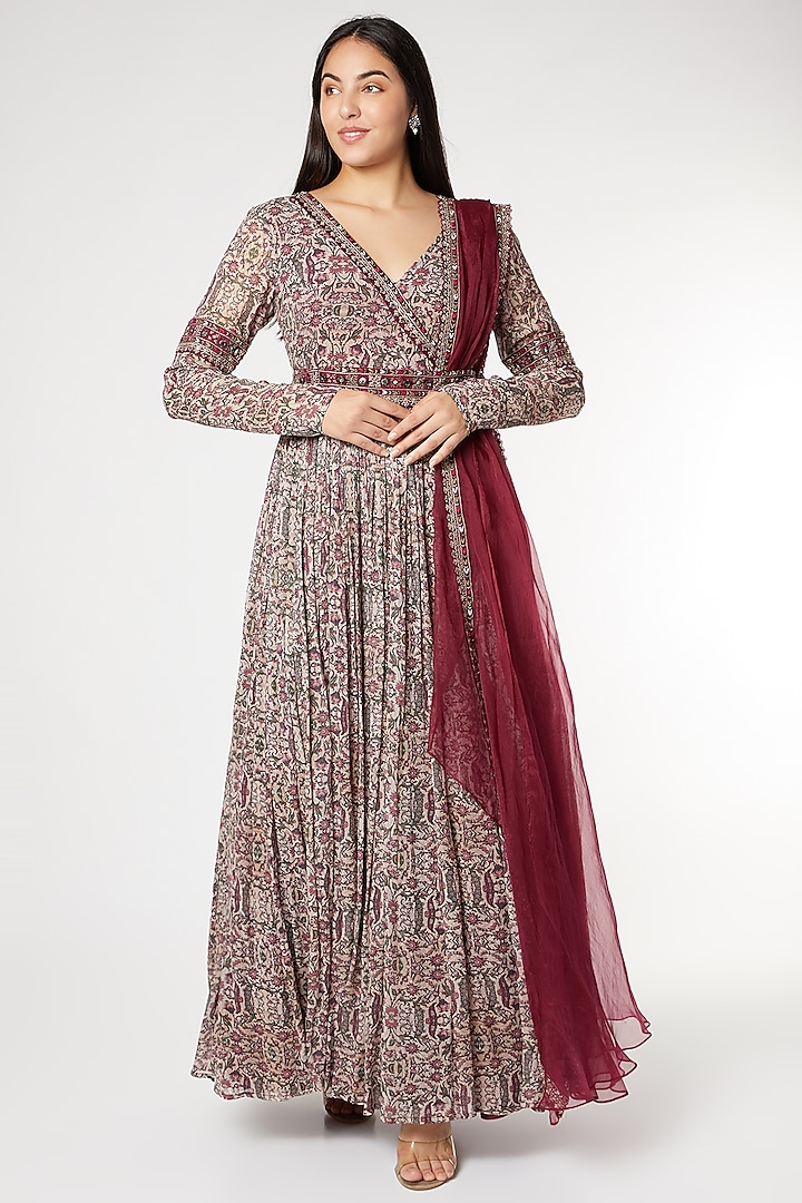 Beige & Maroon Embroidered Anarkali Set by Ridhima Bhasin at Pernia's Pop Up Shop