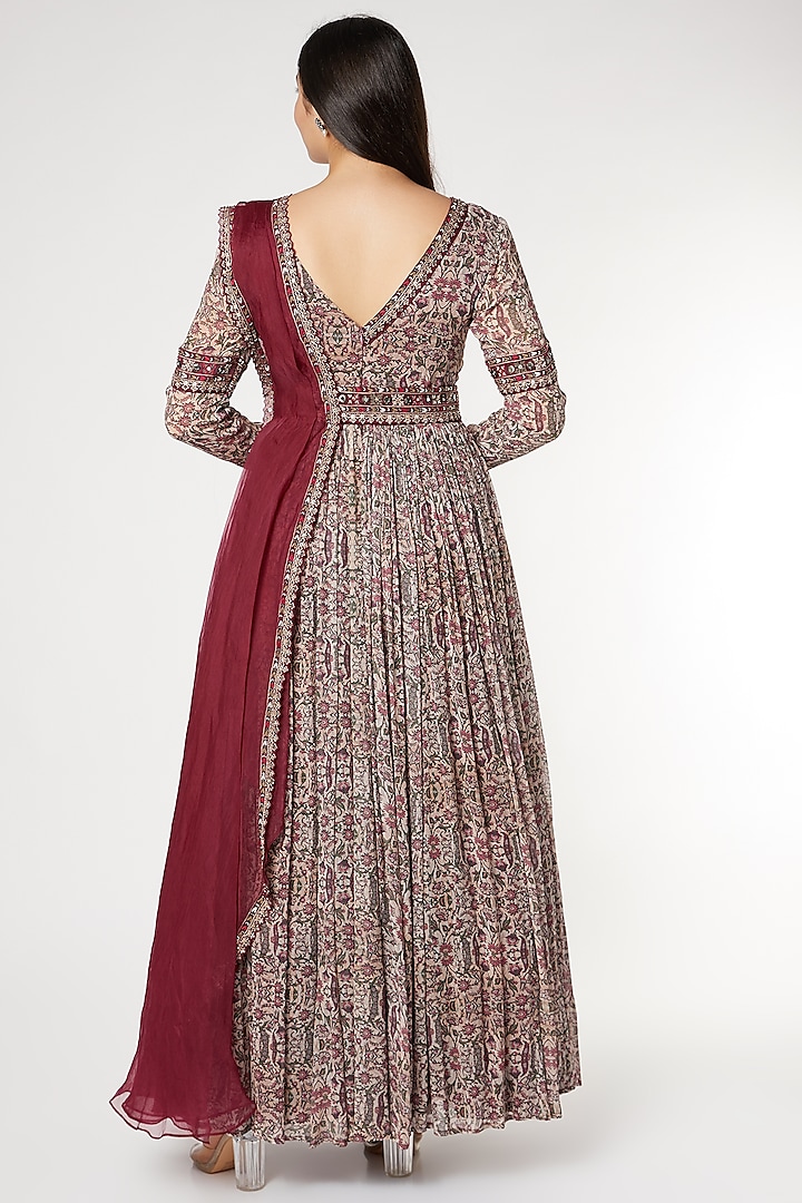Beige & Maroon Embroidered Wedding Anarkali Set by Ridhima Bhasin at Pernia's Pop Up Shop