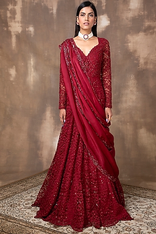 Crimson Red Embroidered Anarkali Set by Ridhima Bhasin