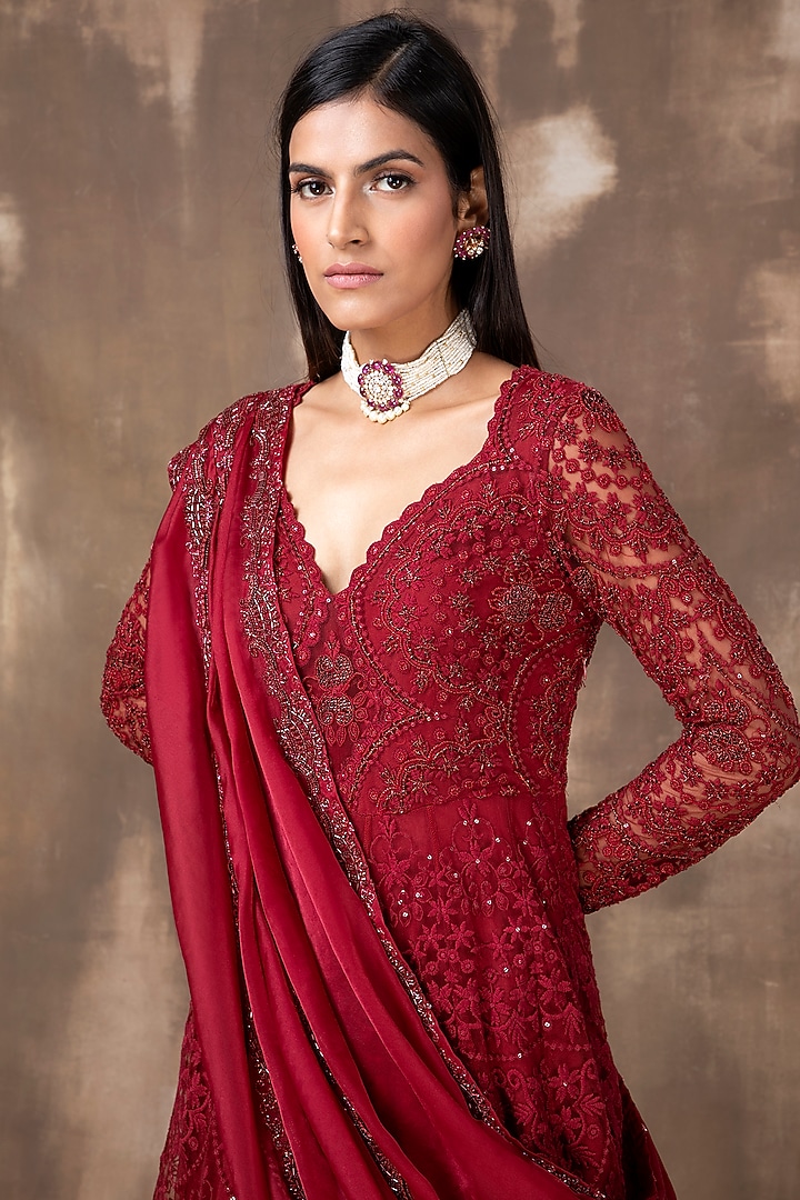 Crimson Red Embroidered Bridal Anarkali Set by Ridhima Bhasin at Pernia's Pop Up Shop