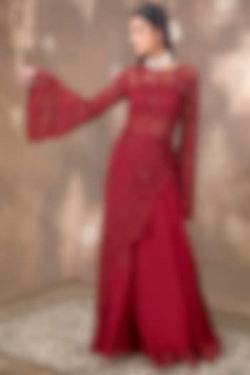 Crimson Red Embroidered Kurta Set by Ridhima Bhasin at Pernia's Pop Up Shop