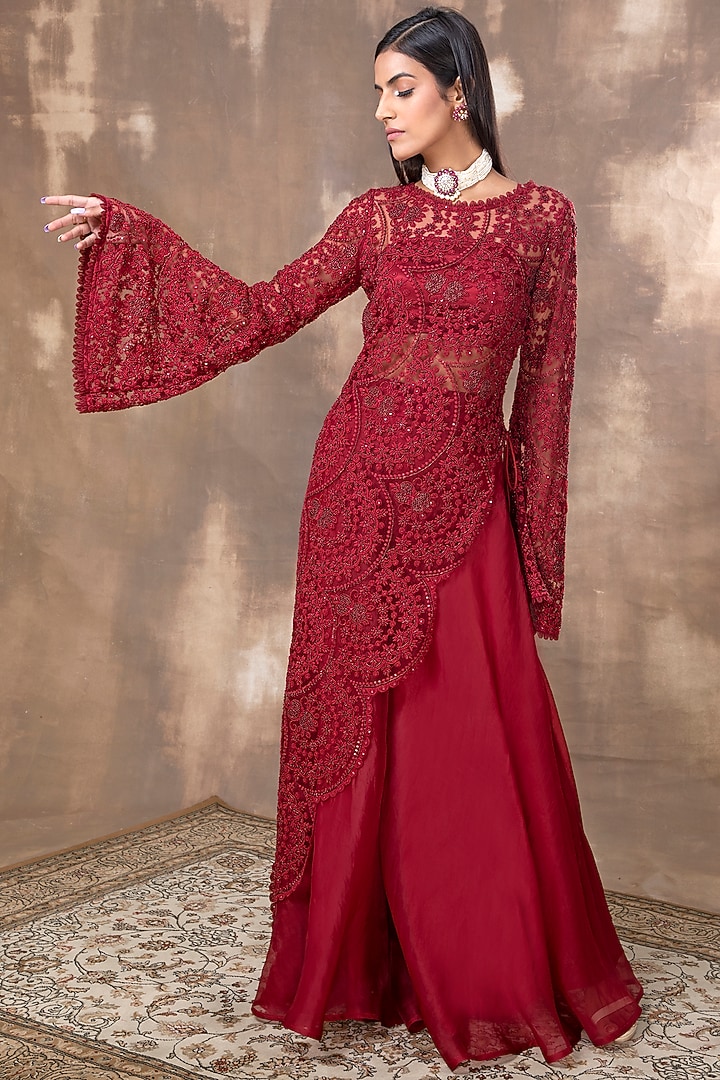 Crimson Red Embroidered Kurta Set by Ridhima Bhasin at Pernia's Pop Up Shop