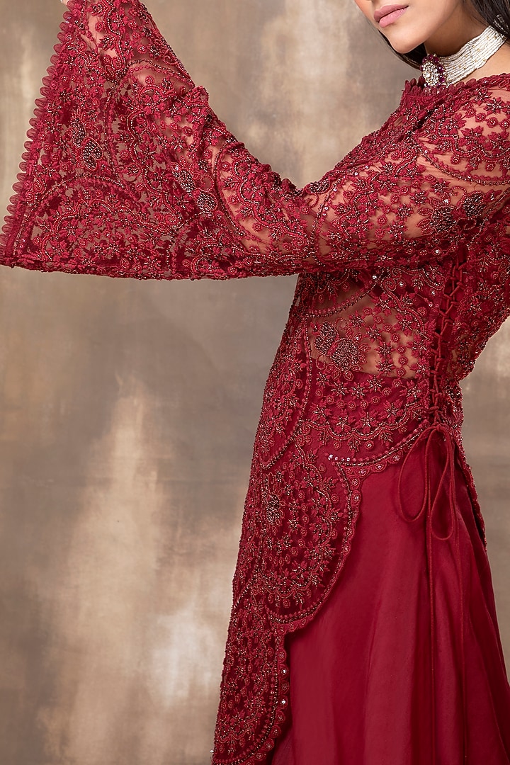 Crimson Red Embroidered Kurta Set by Ridhima Bhasin at Pernia's Pop Up Shop