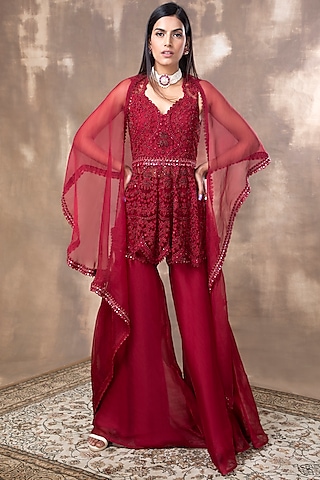 Crimson Red Zardosi Embroidered Kurta Set by Ridhima Bhasin