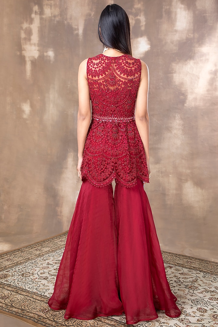 Crimson Red Zardosi Embroidered Kurta Set by Ridhima Bhasin at Pernia's Pop Up Shop