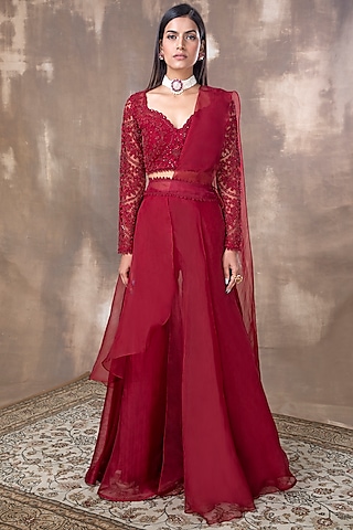 Crimson Red Embroidered Sharara Set by Ridhima Bhasin