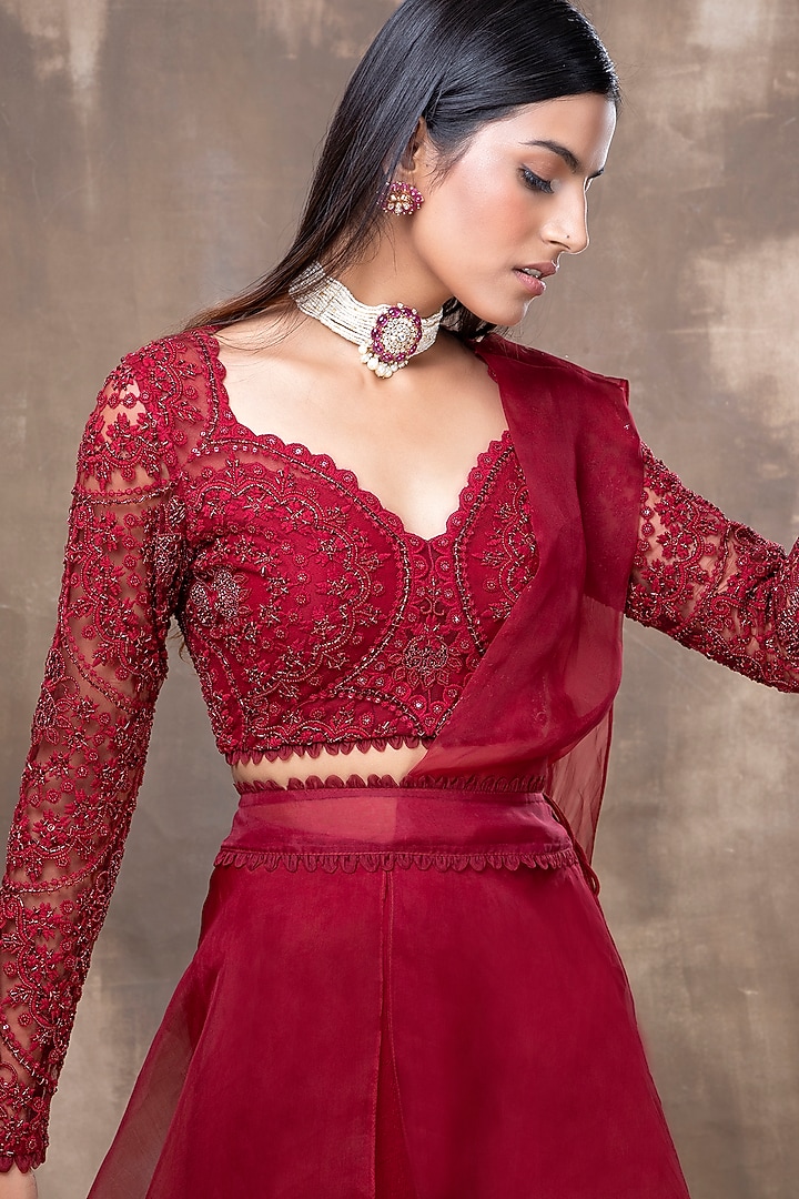 Crimson Red Embroidered Wedding Sharara Set by Ridhima Bhasin at Pernia's Pop Up Shop