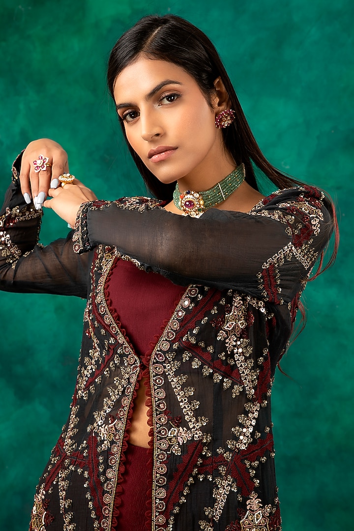 Black & Maroon Embroidered Kurta Set by Ridhima Bhasin at Pernia's Pop Up Shop
