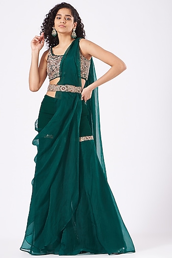 Bottle Green Draped Sharara Wedding Saree Set by Ridhima Bhasin at Pernia's Pop Up Shop
