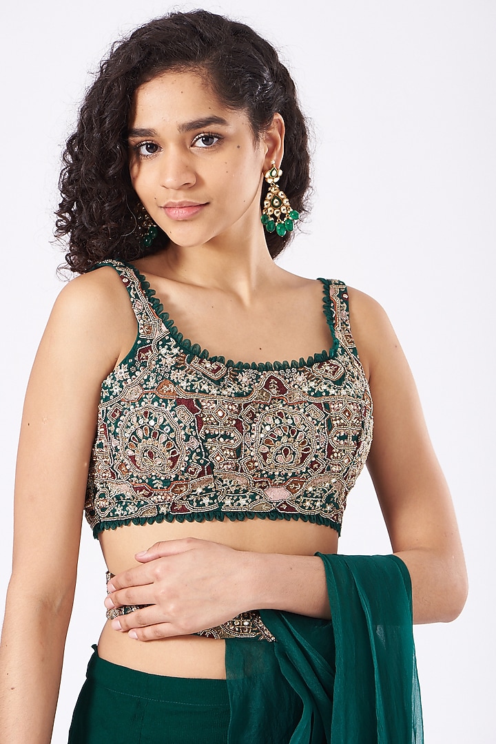 Bottle Green Draped Sharara Wedding Saree Set by Ridhima Bhasin at Pernia's Pop Up Shop