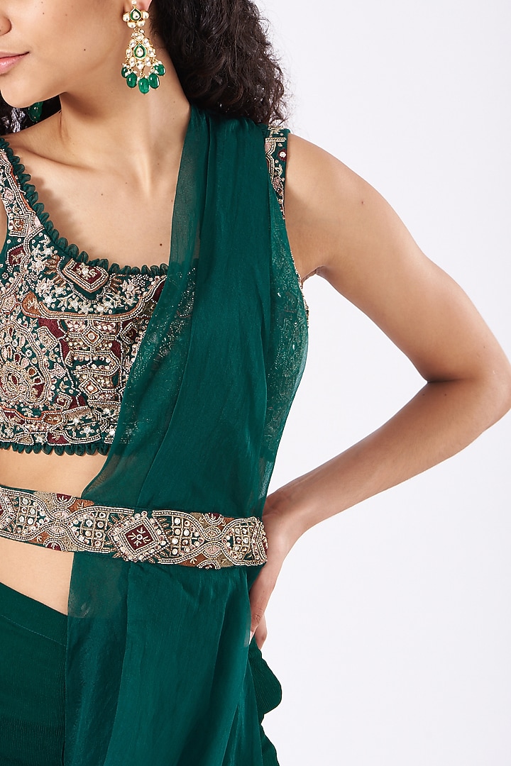 Bottle Green Draped Sharara Wedding Saree Set by Ridhima Bhasin at Pernia's Pop Up Shop