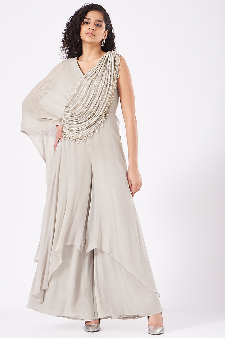 Beige Embroidered Pleated Jumpsuit by Ridhima Bhasin