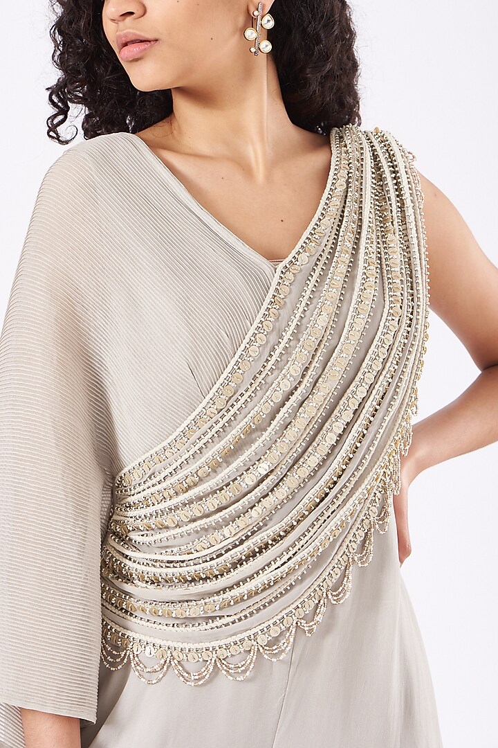 Beige Embroidered Pleated Jumpsuit by Ridhima Bhasin at Pernia's Pop Up Shop