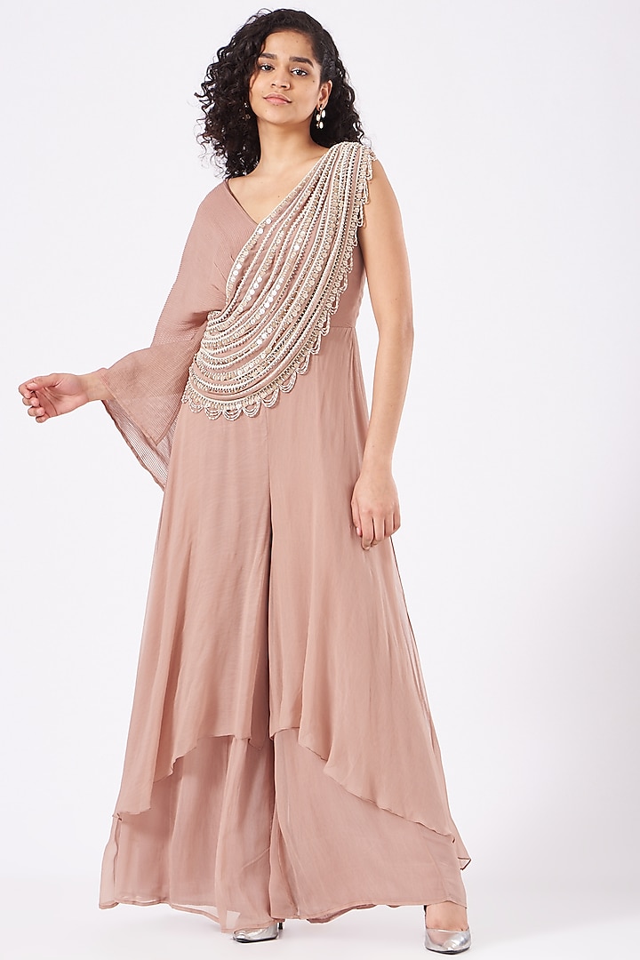 Blush Pink Embroidered Pleated Jumpsuit by Ridhima Bhasin