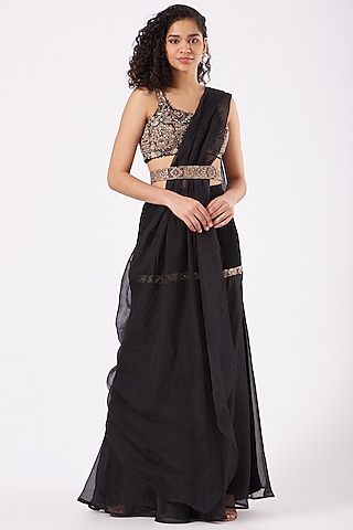 Black Organza Pre-Draped Sharara Saree Set by Ridhima Bhasin