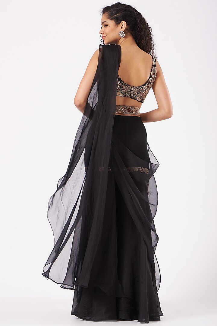 Black Organza Pre-Draped Sharara Wedding Saree Set by Ridhima Bhasin at Pernia's Pop Up Shop