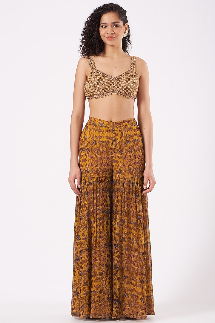 German Mustard Printed Wedding Sharara Set by Ridhima Bhasin at Pernia's Pop Up Shop