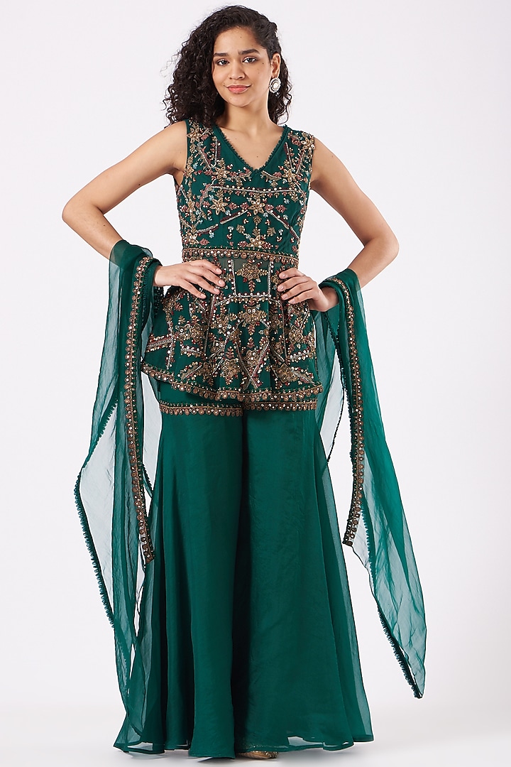 Bottle Green Embroidered Sharara Set by Ridhima Bhasin