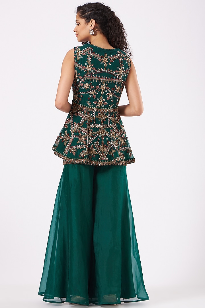 Bottle Green Embroidered Bridal Sharara Set by Ridhima Bhasin at Pernia's Pop Up Shop