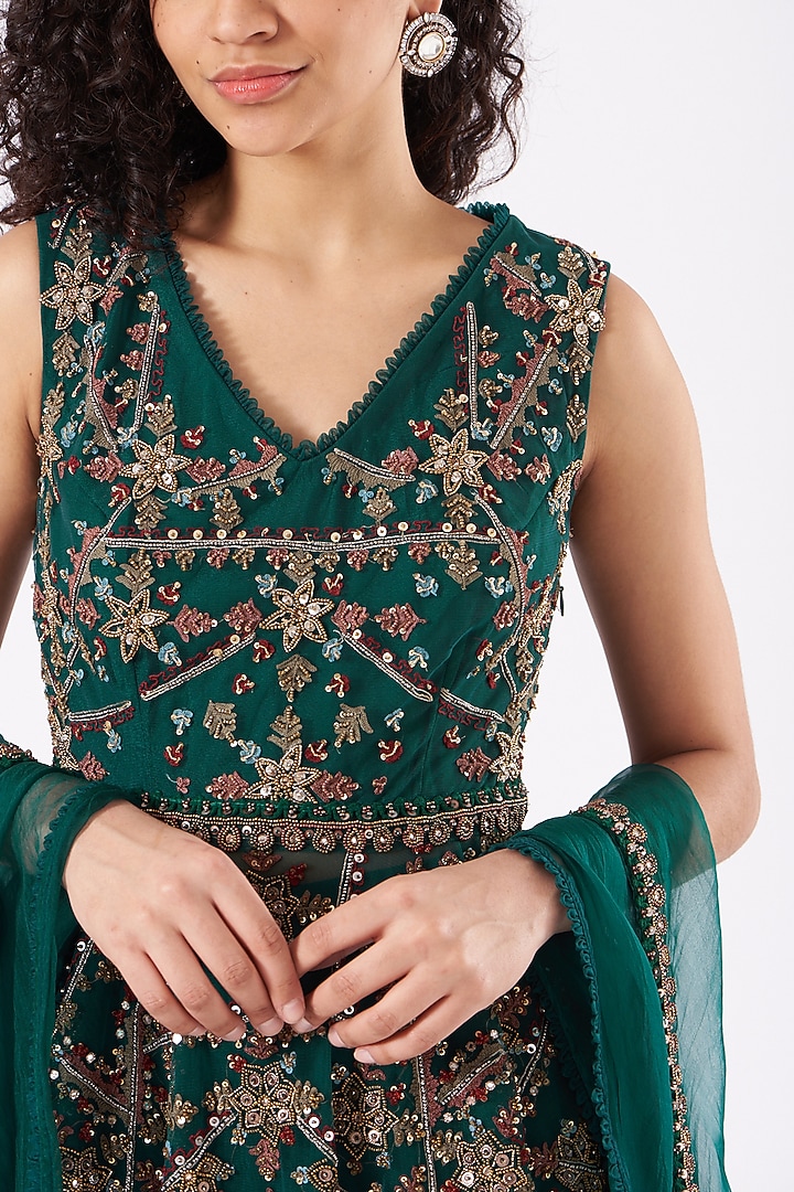 Bottle Green Embroidered Bridal Sharara Set by Ridhima Bhasin at Pernia's Pop Up Shop