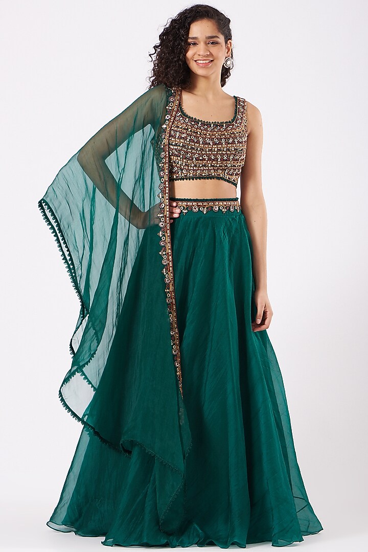 Bottle Green Organza Wedding Lehenga Set by Ridhima Bhasin at Pernia's Pop Up Shop