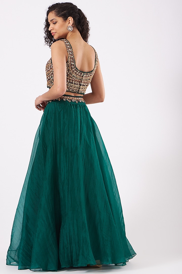 Bottle Green Organza Wedding Lehenga Set by Ridhima Bhasin at Pernia's Pop Up Shop