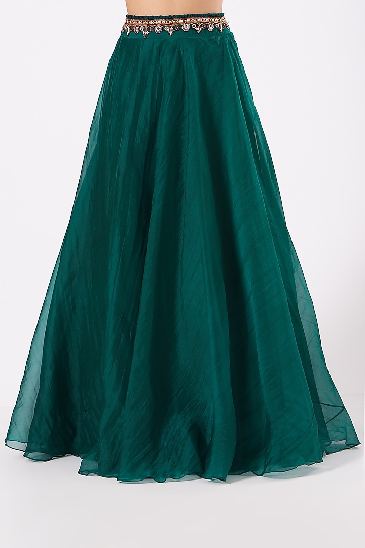 Bottle Green Organza Wedding Lehenga Set by Ridhima Bhasin at Pernia's Pop Up Shop