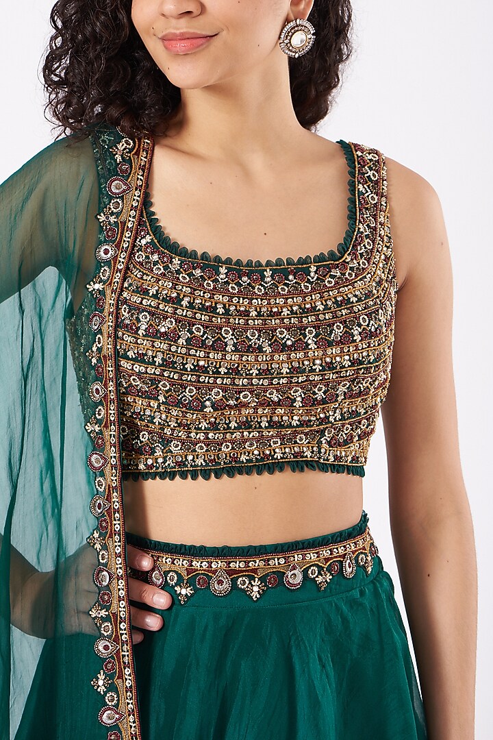 Bottle Green Organza Wedding Lehenga Set by Ridhima Bhasin at Pernia's Pop Up Shop