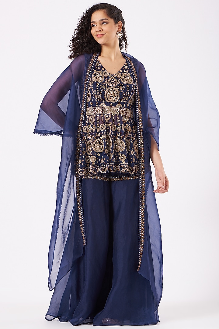 Navy Blue Embroidered Bridal Sharara Set by Ridhima Bhasin at Pernia's Pop Up Shop