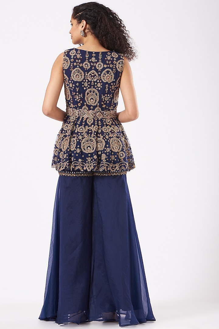 Navy Blue Embroidered Bridal Sharara Set by Ridhima Bhasin at Pernia's Pop Up Shop