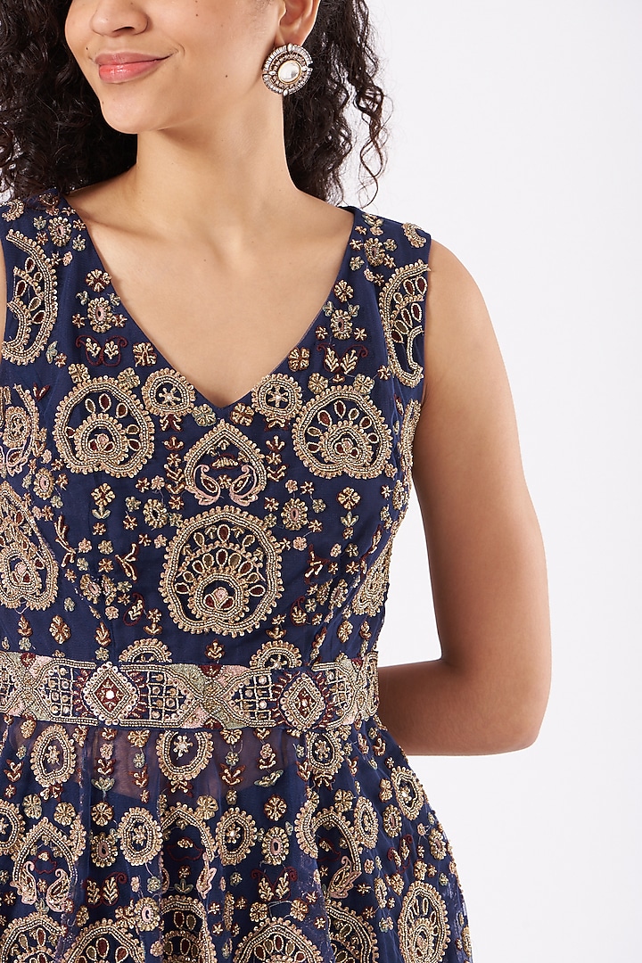 Navy Blue Embroidered Bridal Sharara Set by Ridhima Bhasin at Pernia's Pop Up Shop