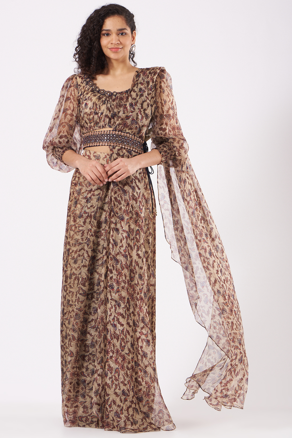 Beige Organza Botanical Printed Sharara Wedding Saree Set by Ridhima Bhasin at Pernia's Pop Up Shop