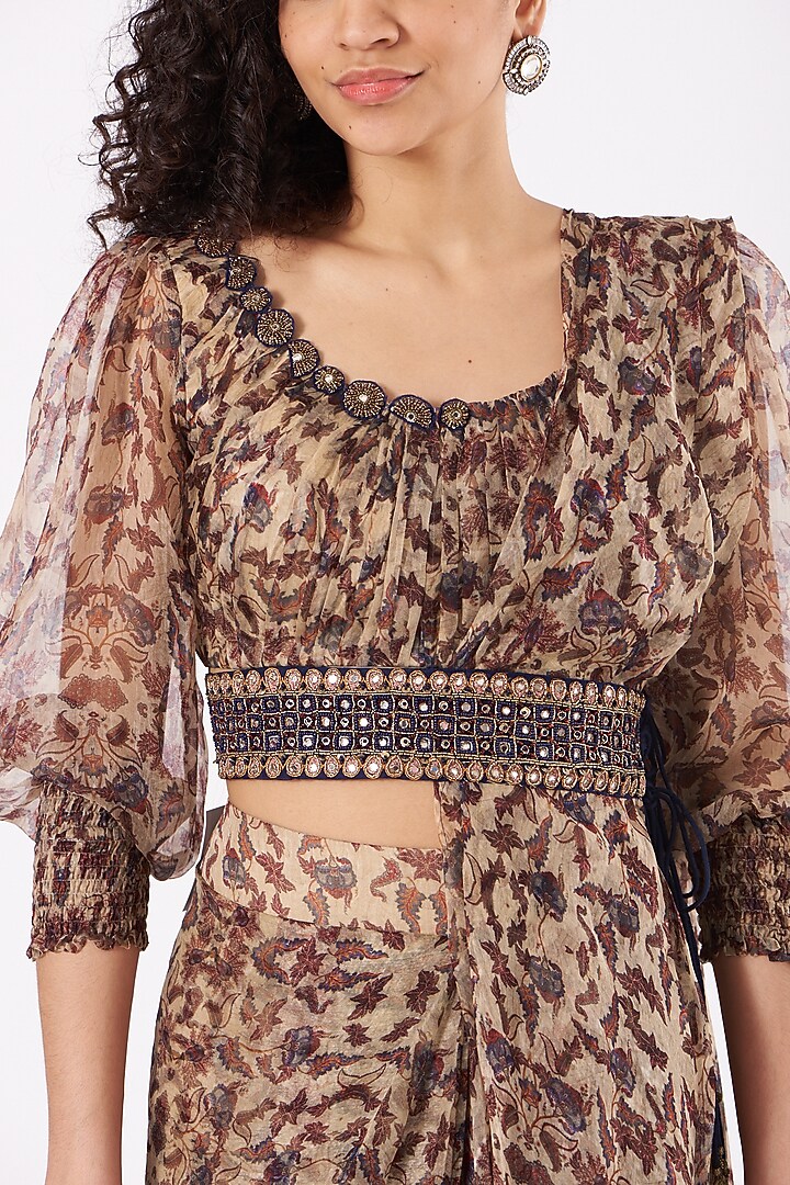 Beige Organza Botanical Printed Sharara Wedding Saree Set by Ridhima Bhasin at Pernia's Pop Up Shop