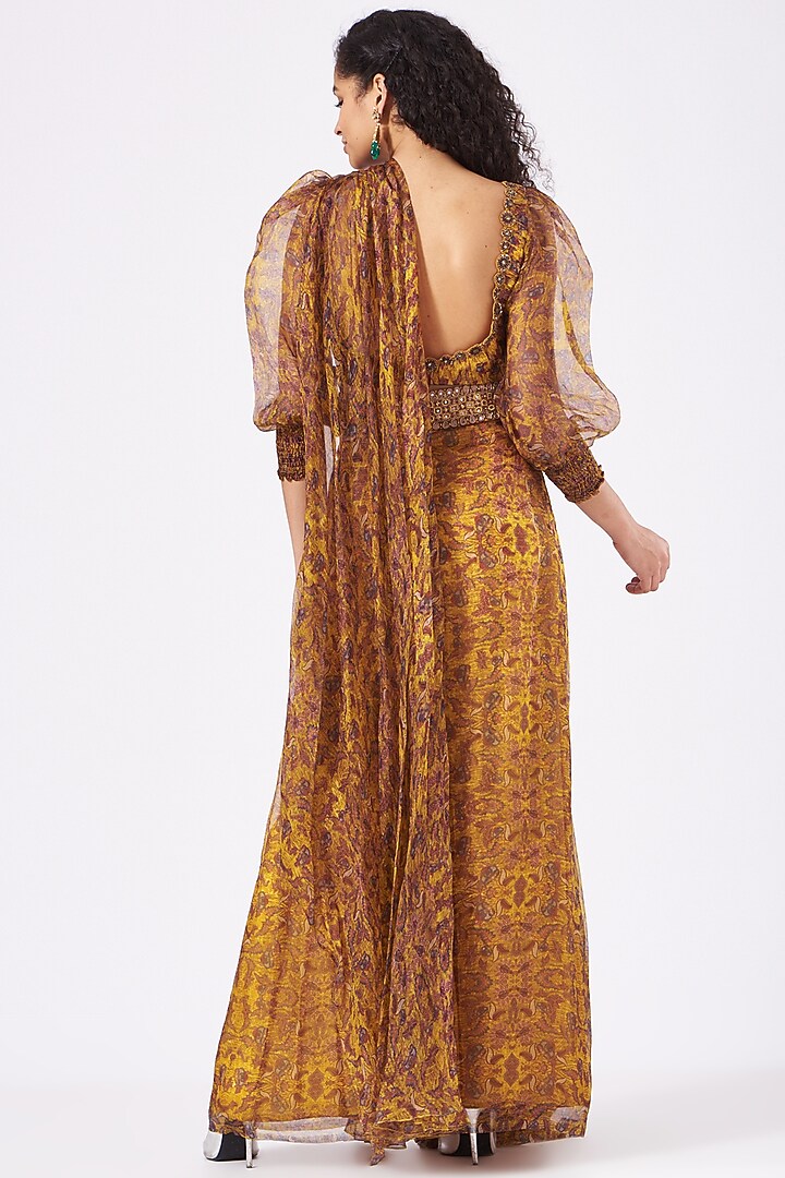 German Mustard Printed Sharara Wedding Saree Set by Ridhima Bhasin at Pernia's Pop Up Shop
