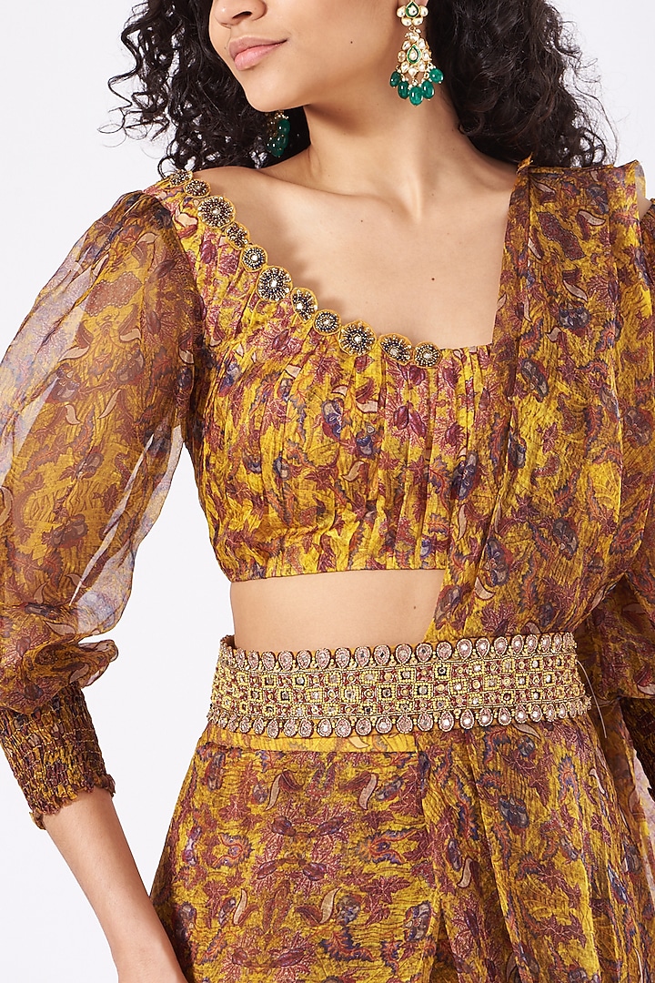 German Mustard Printed Sharara Wedding Saree Set by Ridhima Bhasin at Pernia's Pop Up Shop