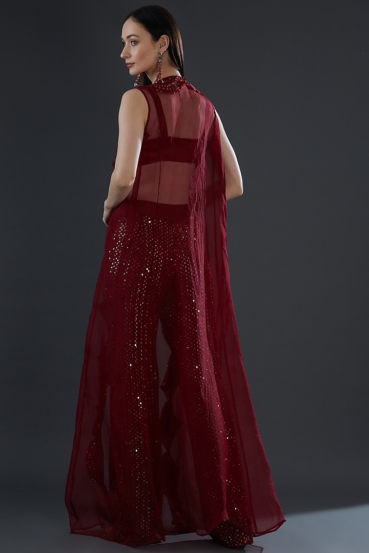 Maroon Organza & Tulle Jacket Set by Ridhima Bhasin at Pernia's Pop Up Shop