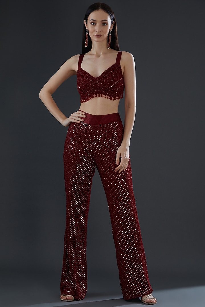 Maroon Organza & Tulle Jacket Set by Ridhima Bhasin at Pernia's Pop Up Shop