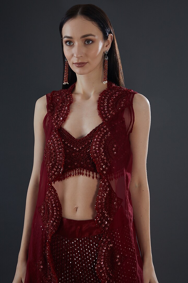 Maroon Organza & Tulle Jacket Set by Ridhima Bhasin at Pernia's Pop Up Shop
